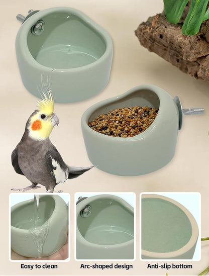 2PCS Birds Feeding Dish Cups Ceramic Bird Cage Food Bowls, Bird Cage Feeder Hanging Parrot Food Bowl for Budgie Finches Lovebirds Cockatiels (Green)