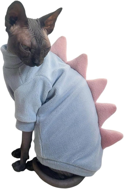 Dinosaur Sphynx Cat Clothes, Soft Polar Fleece Sweater for Cat, Elastic Pet Clothes Thick Winter Warm Outfit for Hairless Cat, Devon, Cornish, Small Dogs Apparel with Sleeves (Sky Blue, X-Large)