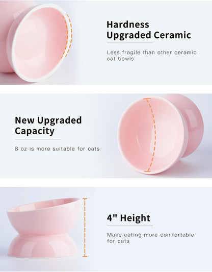 Cat Water Bowl, 16 OZ Ceramic Elevated Cat Bowls, 15° Tilted and Raised Pet Food Dish, Anti Vomiting Protect Pets' Spines and Whisker Fatigue