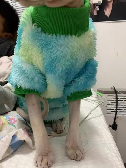 Sphynx Cat Warm Turtleneck Sweater, Thick Soft Double-Sided Fleece Clothes for Cats, Two-Legged Winter Onesie for Cats and Small Dogs,Pjs for Cats and Puppy (Green Tie-dye, L (5-6.5lbs))