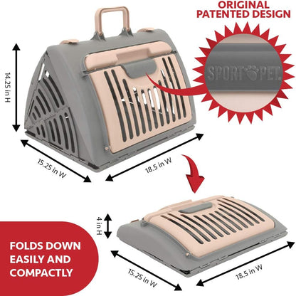 SportPet Designs Foldable Travel Cat Carrier - Front Door Plastic Collapsible Carrier Collection, Waterproof Bed