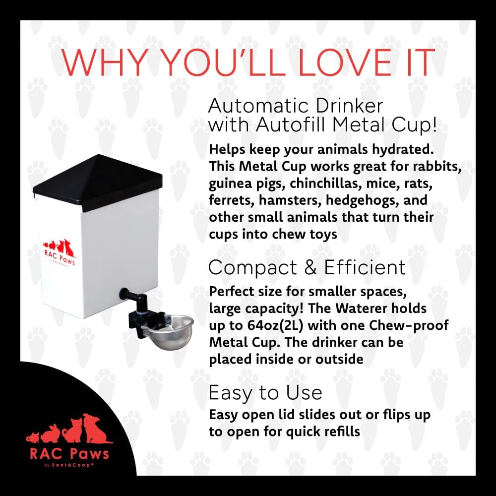 RAC Paws by RentACoop 64oz(2L) Small Animal Drinker with Auto-Fill Metal Cup - Suitable for Small Pets, Bunnies, Hamsters, Guinea Pigs, Rabbits, Chinchillas, Mice and Rats