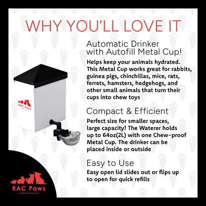 RAC Paws by RentACoop 64oz(2L) Small Animal Drinker with Auto-Fill Metal Cup - Suitable for Small Pets, Bunnies, Hamsters, Guinea Pigs, Rabbits, Chinchillas, Mice and Rats