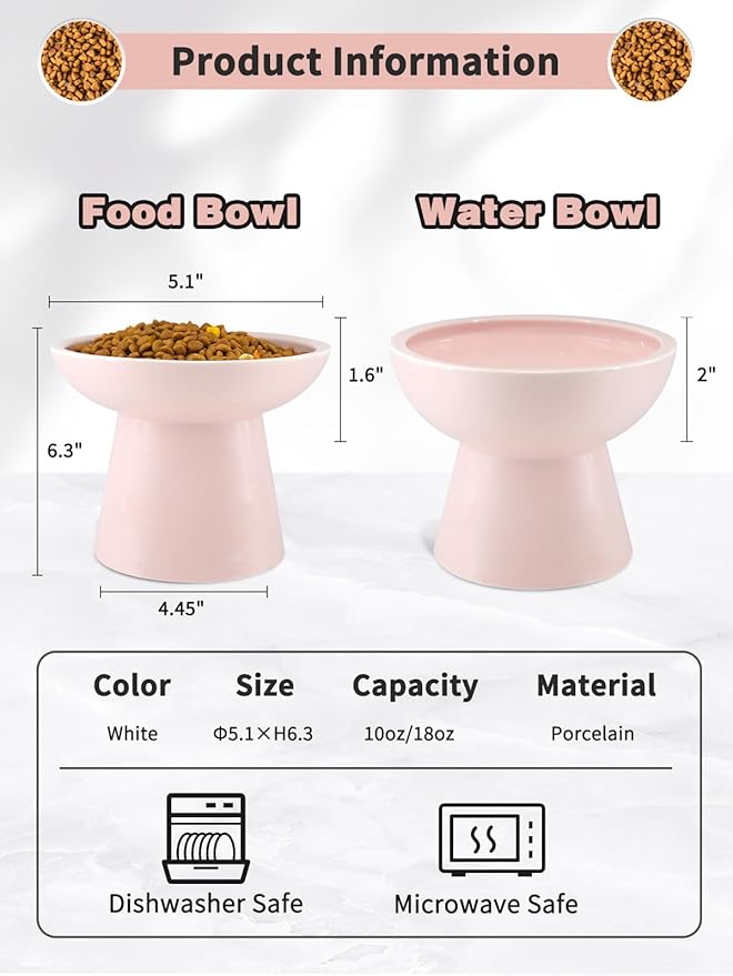 LoeJan Elevated Food and Water Bowls Set, Extra Wide and Raised Ceramic Feeder, Anti-Vomit Whisker-Free Pressure Feeding Bowl for Kittens, Adult Cats, Small Dogs (Pink, Bowl Set)