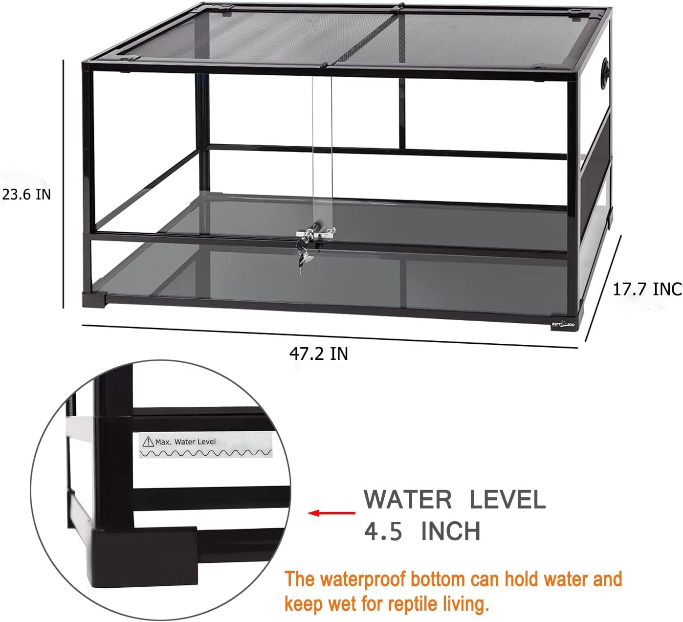 REPTI ZOO 85 Gallon Large Reptile Tank, Wide & Tall Tempered Glass Large Reptile Terrarium 47.2" x 17.7"x 23.6" for Tortoise Snake, Top Screen Ventilation & Anti Escape Lid