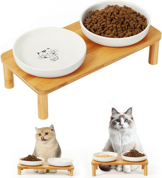 Elevated Cat Bowls for Indoor Cats – Raised Bamboo Cat Food Table with 2 Ceramic Dishes, Adjustable Height (4.25"/3.07"), Set of 1