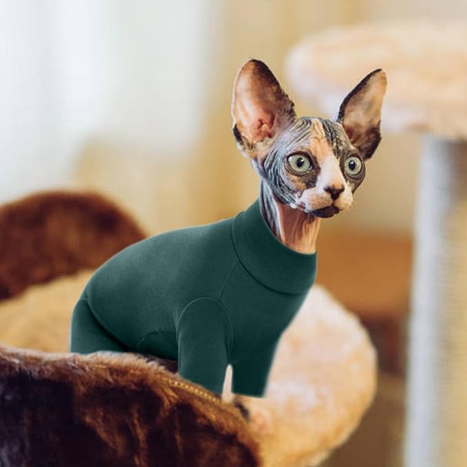 ROZKITCH Hairless Cat Clothes, Breathable Soft Jumpers for Cats Only, Coat with Four Legs, Warm Sweater T-Shirt Pajamas Jumpsuit Vest Cornish Rex Devon Rex Peterbald DarkGreen XL