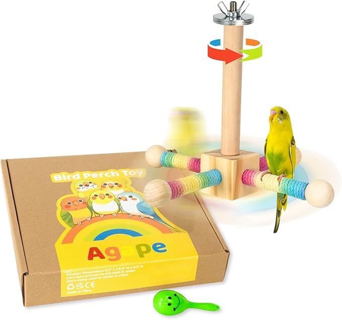 Agape Bird Perch Toy, Parrot 360° Interactive Rotating Toy, Bird Cage Accessories for small and medium Parrots to Expend Energy, Wooden Stand for Parakeets Cockatiels Lovebirds Conures Finches Budgies
