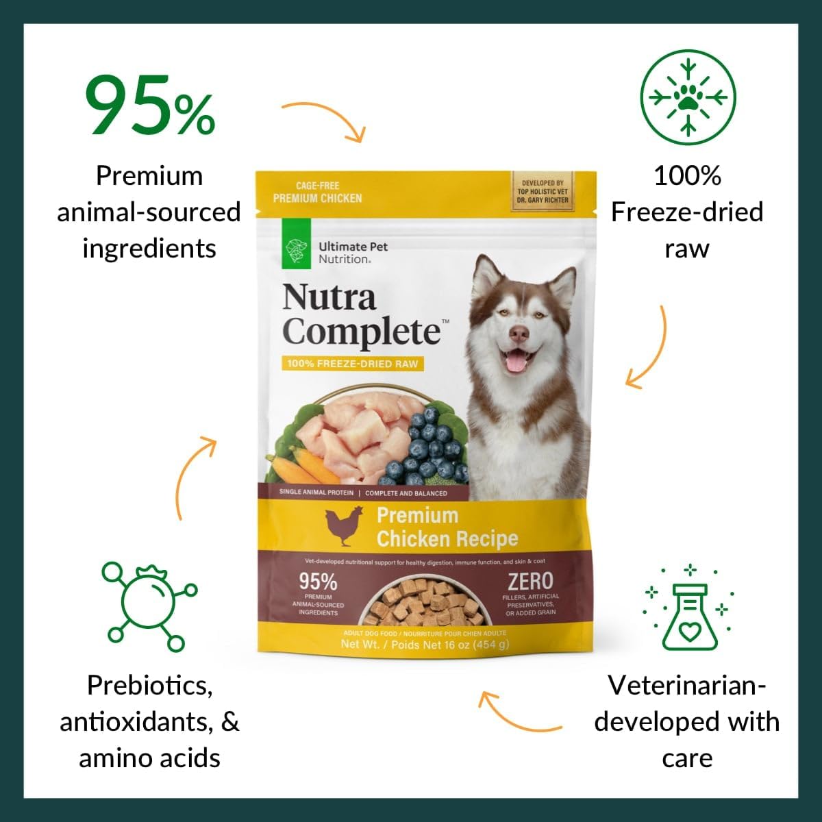 ULTIMATE PET NUTRITION Nutra Complete, 100% Freeze Dried Veterinarian Formulated Raw Dog Food with Antioxidants Prebiotics and Amino Acids, (1 Pound (Pack of 4), Chicken)