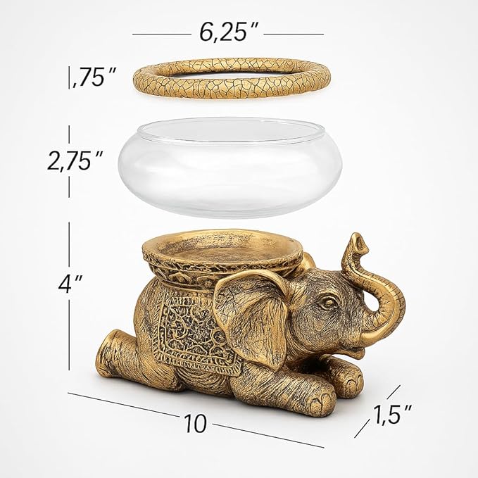 Good Luck Elephant Glass Bowl – Gold Antiqued Decorative Figurine with Removable Glass Bowl – Terrarium, Candle Holder, or Tabletop Aquarium – Polyresin Home Décor with Gift Box