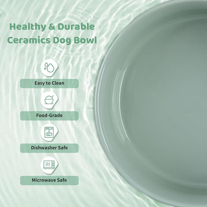 SPUNKYJUNKY Ceramics Elevated Dog Bowls with Wooden Stand Raised Bowl for Medium Large Dog Food and Water Pet Feeding Bowl(Double 60OZ Bowls,Light Green)