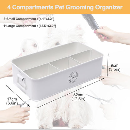 Premium 4-Compartment Dog Grooming Organizer,Metal Caddy for Pet Stuff with Handle-Powder Coated Storage Bin for Dog Cat Grooming Kit,Clippers,Brushes,Scissors & Supplies-White