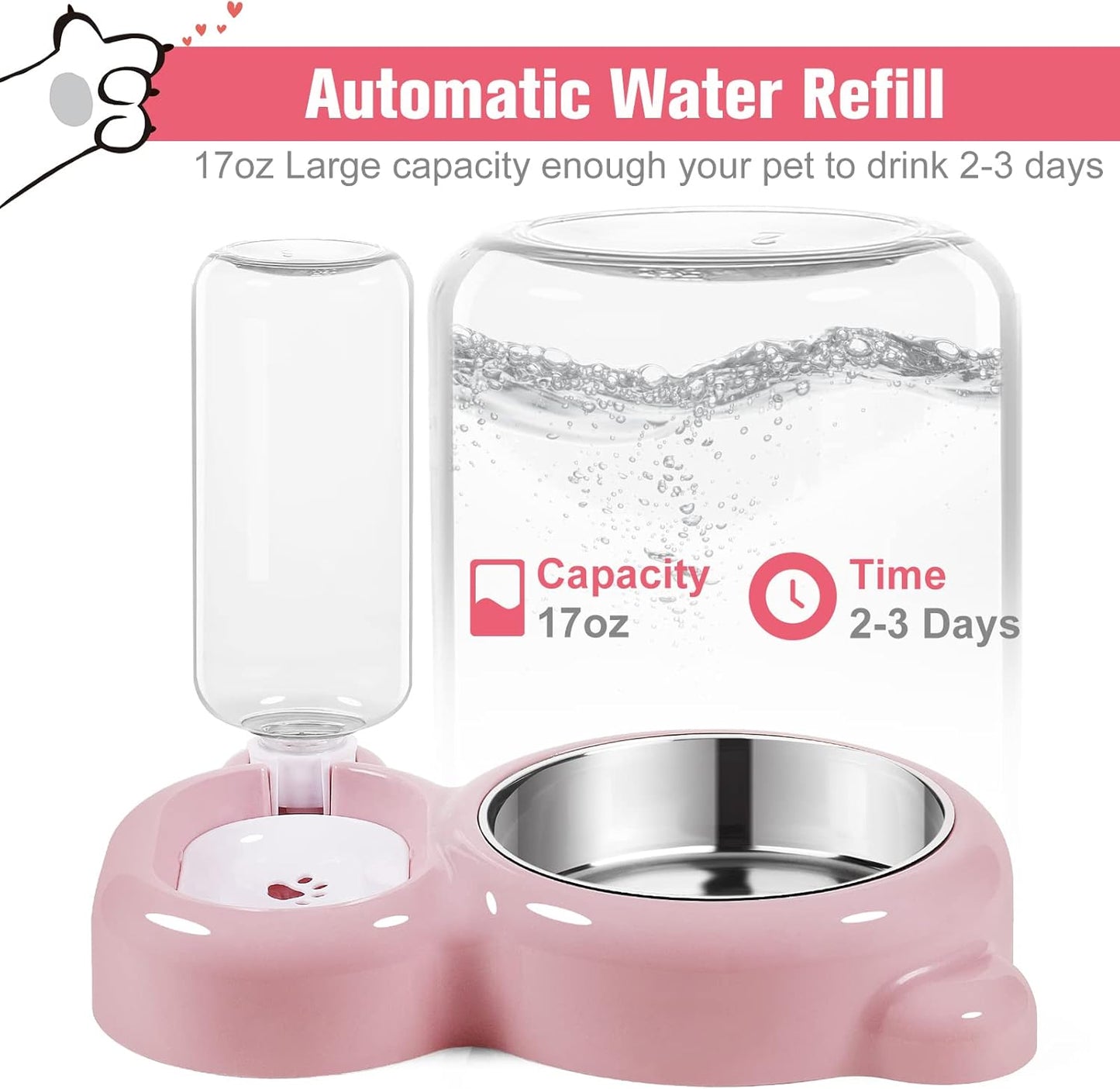 Dog Bowls, Cat Food and Water Bowl Set with Water Dispenser and Stainless Steel Bowl for Cats and Small Dogs - Pink