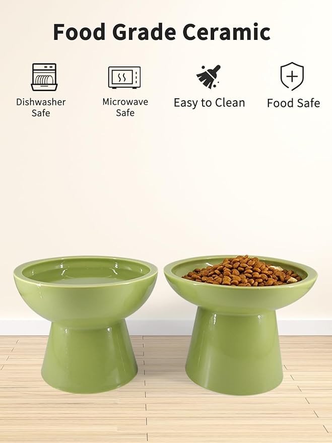 LoeJan Elevated Food and Water Bowls Set, Extra Wide and Raised Ceramic Feeder, Anti-Vomit Whisker-Free Pressure Cat Bowl for Kittens to Adult Cats, Small Dogs (Green, Water Bowl)