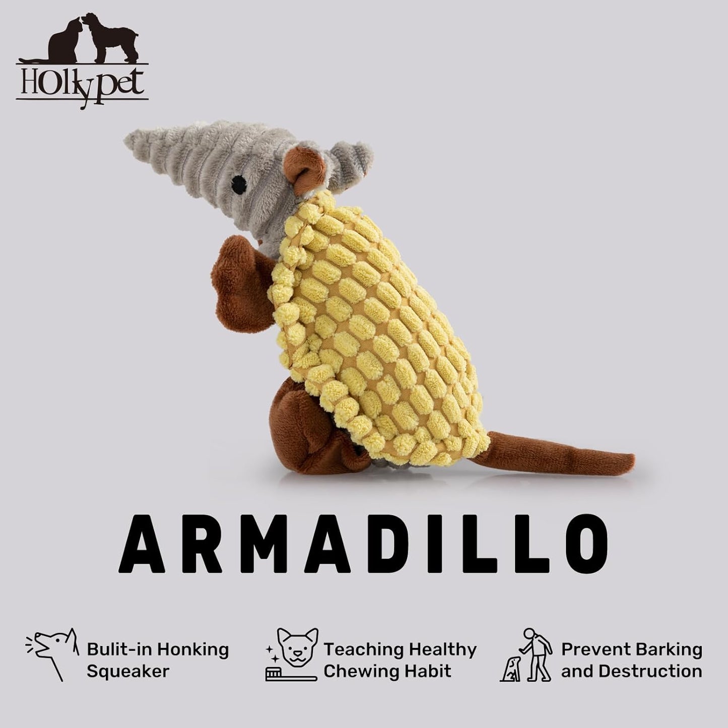 Hollypet Plush Dog Squeaky Toy Stuffed Armadillo Animal Pet Puppy Chew Toys with Clean Teeth for Small Medium Large All Breed Sizes Dogs, Yellow, 8 in