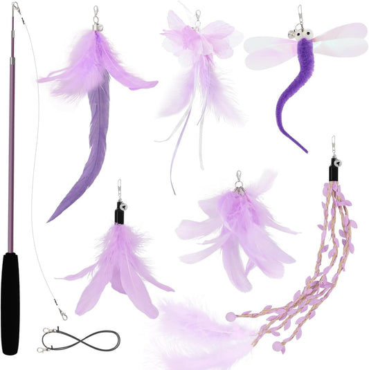 SONGWAY Cat Wand Toys for Indoor Cats - Cat Toy Set with Retractable Teaser Wand and 6 PCS Fairy Feather Toy Refills, Dragonfly Tassel Cat Toys Interactive, Purple