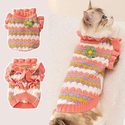 Small Dog Sweater, Knitted Tulip Cat Sweater, Warm Thick Holiday Puppy Clothes for Small Dog Girl,Cold Weather Outfit for Kitten Chihuahua Yorkie Teacup Dachshund Pug (Pink, Large)