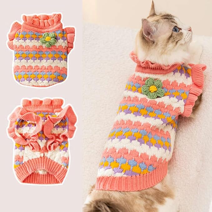 Small Dog Sweater, Knitted Tulip Cat Sweater, Warm Thick Holiday Puppy Clothes for Small Dog Girl,Cold Weather Outfit for Kitten Chihuahua Yorkie Teacup Dachshund Pug (Pink, X-Small)