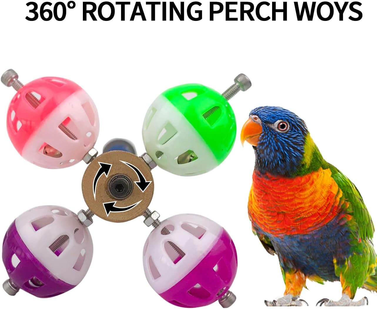 FlidRunest Perch Toy with Rotating Balls for Birds, Rough-surfaced Natural Parrot Perch Toy, Bird Bell Balls for Budgies,Parakeets, Parrots,Cockatiels,Lovebirds,Conures