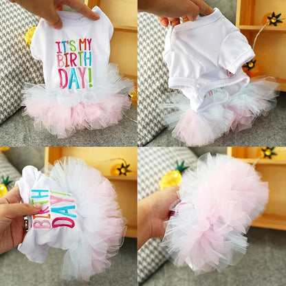 ANIAC Girl Dog Birthday Tutu Dresses Puppy Lace Skirt and Hairpin Cat Birthday Princess Dress Pet Clothes for Cats Small Dogs (X-Small, White)