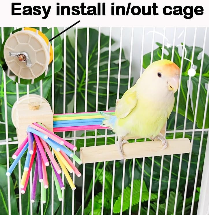Parrot Cage Toy(4 funcitons) Perch Standing with Pine Wood Foraging Smart Toy Soft Corks for Small to Regular Size Parrot Cockatiel Birds