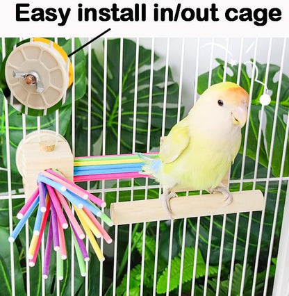 Parrot Cage Toy(4 funcitons) Perch Standing with Pine Wood Foraging Smart Toy Soft Corks for Small to Regular Size Parrot Cockatiel Birds