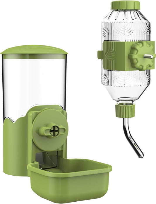 Automatic Pet Food Water Dispenser, Auto Gravity Pet Feeder Water Bottle Set for Cage, Feeding Station for Puppy Kitten Rabbit Guinea Pigs Chinchilla Ferret Hedgehog (Green)