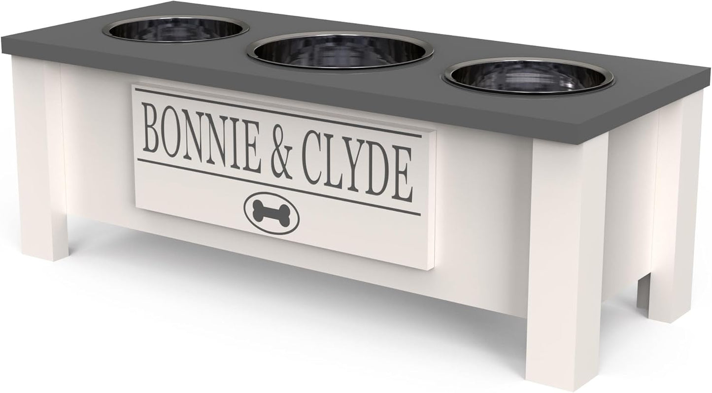 GrooveThis Woodshop - Personalized Elevated Triple Dog Bowl Stand for Large, Medium, Small, X-Small Dogs - 3 Stainless Steel Food and Water Bowls - Raised Dog Dish with Internal Storage (Medium, Grey)
