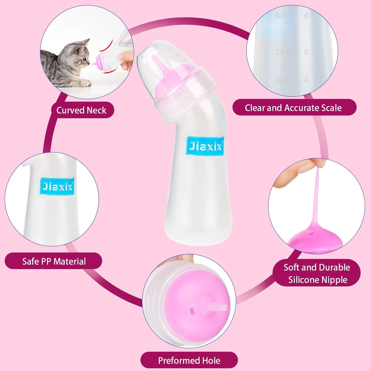 Pet Nursing Bottle Kit for Kitten Puppy,90mlCat Bottle Feeding Kit Nipple Kittens Syringe for Small Cat Dog Newborn Kitten Puppys Rabbits Squirrel Animals (Pink)