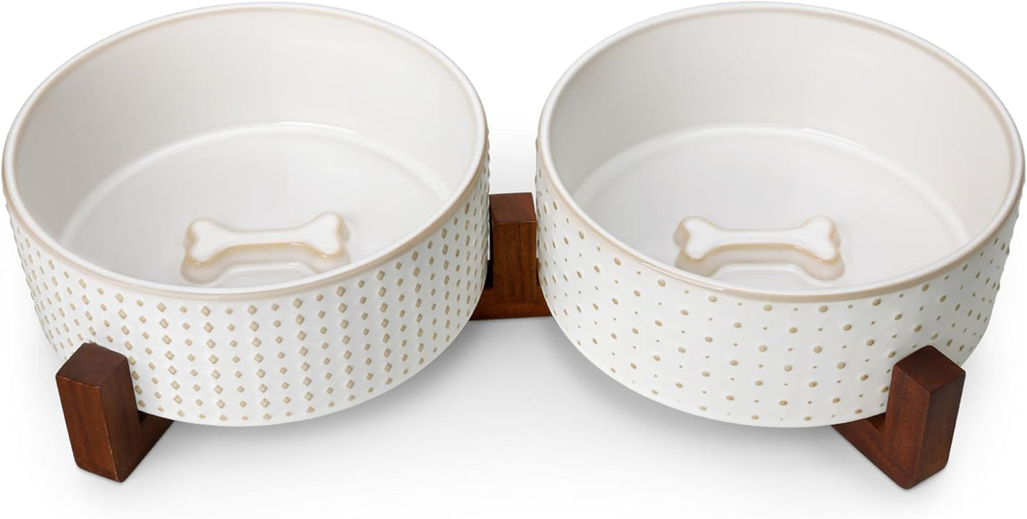 MALACASA Dog Bowl Set with Walnut Wood Stand, 6 Cups Ceramic Pet Bowls for Puppy Dogs, Dual Food and Water Bowls with Weighted Non-Slip Base, Basic Bowls for Your Dog, Rhombic & Polka Dots