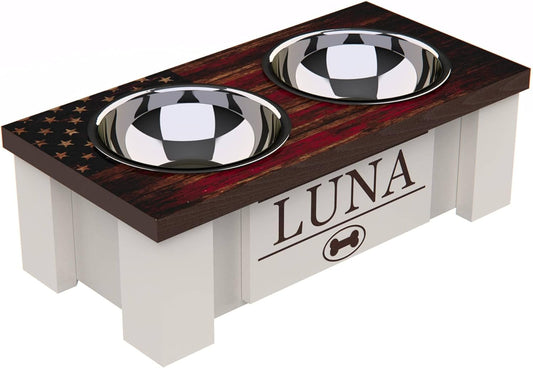 GrooveThis Woodshop - Personalized Elevated Dog Bowl Stand for Large, Medium, Small, X-Small Dogs - Stainless Steel Food and Water Bowls - Raised Dog Dish (X-Small, Flag Design)