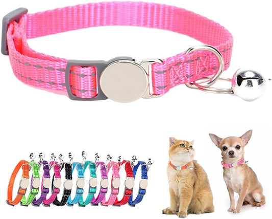 Pink Reflective Cat Collar with Bell, Breakaway Kitten Collar with Bell Safety Soft Nylon Break Away Female Puppy Collar with Bells for XXS Xs Small Tiny Little Girl Pet Dogs, Neck 7-11 inch