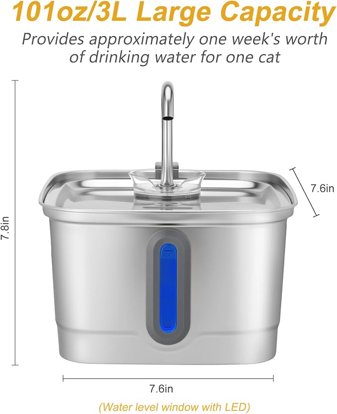 Stainless Steel Cat Water Fountain, 101oz/3L Automatic Pet Water Fountain, Dog Water Fountain with Replacement Filters for Cats, Small Dogs (2 Filters and 2 Sponges)