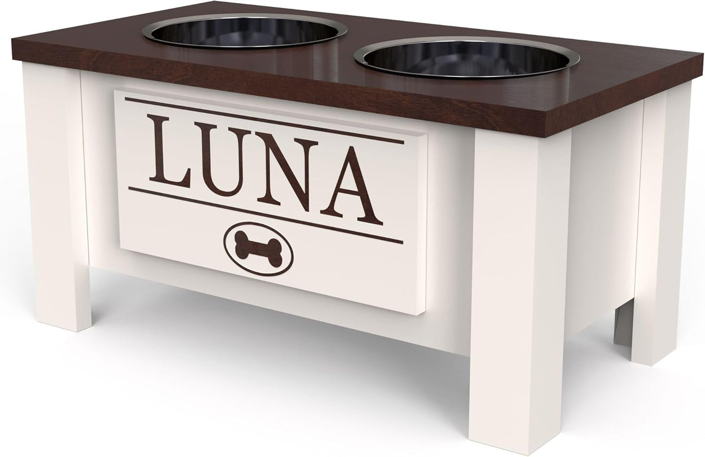 GrooveThis Woodshop - Personalized Elevated Dog Bowl Stand for Large, Medium, Small, X-Small Dogs - Stainless Steel Food and Water Bowls - Raised Dog Dish with Internal Storage (Medium, Dark Walnut)