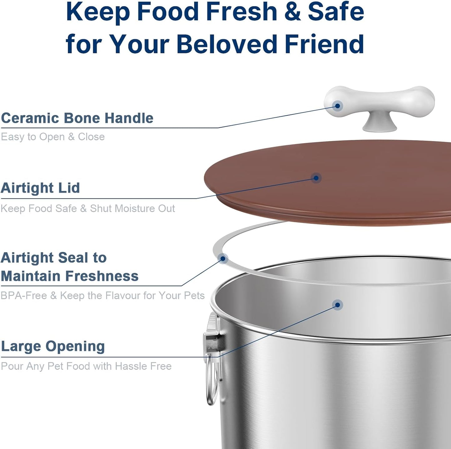 35 Lbs Stainless Steel Dog Food Storage Container with Airtight Lid & Ceramic Bone Handle, Large Metal Dog Food Bin for Dogs & Cats, Keep Fresh, Easy to Clean