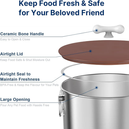 25 Lbs Stainless Steel Dog Food Storage Container with Airtight Lid & Ceramic Bone Handle, Large Metal Dog Food Bin for Dogs & Cats, Keep Fresh, Easy to Clean