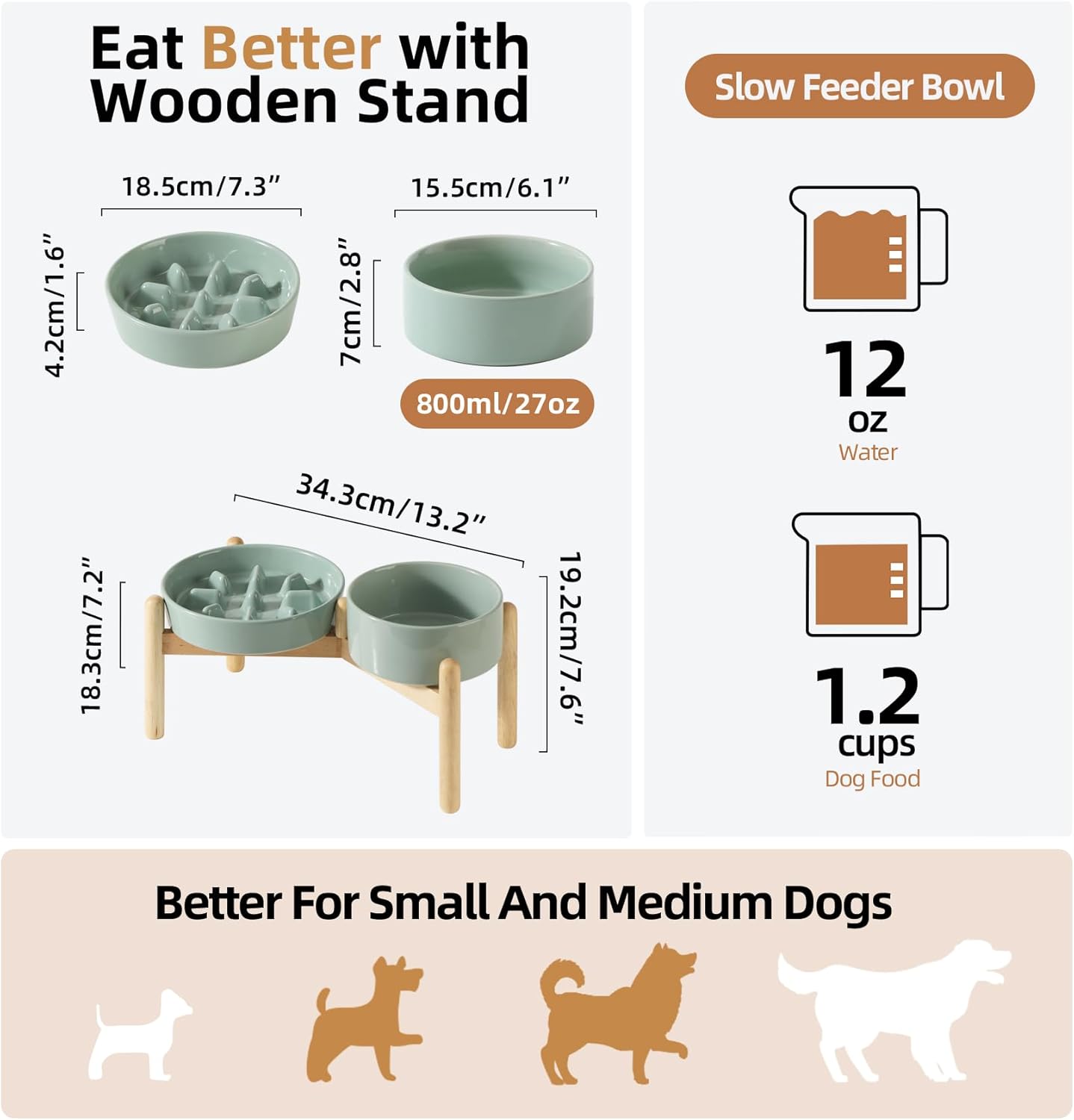 Ceramic 1.2 Cup Raised Slow Feeder Dog Bowl Set, Elevated 6.1inch Bowl and 7.3inch Slow Pet Food Dish with Wooden Stand for Small and Medium Dog (2 x Light Green+ Stand)