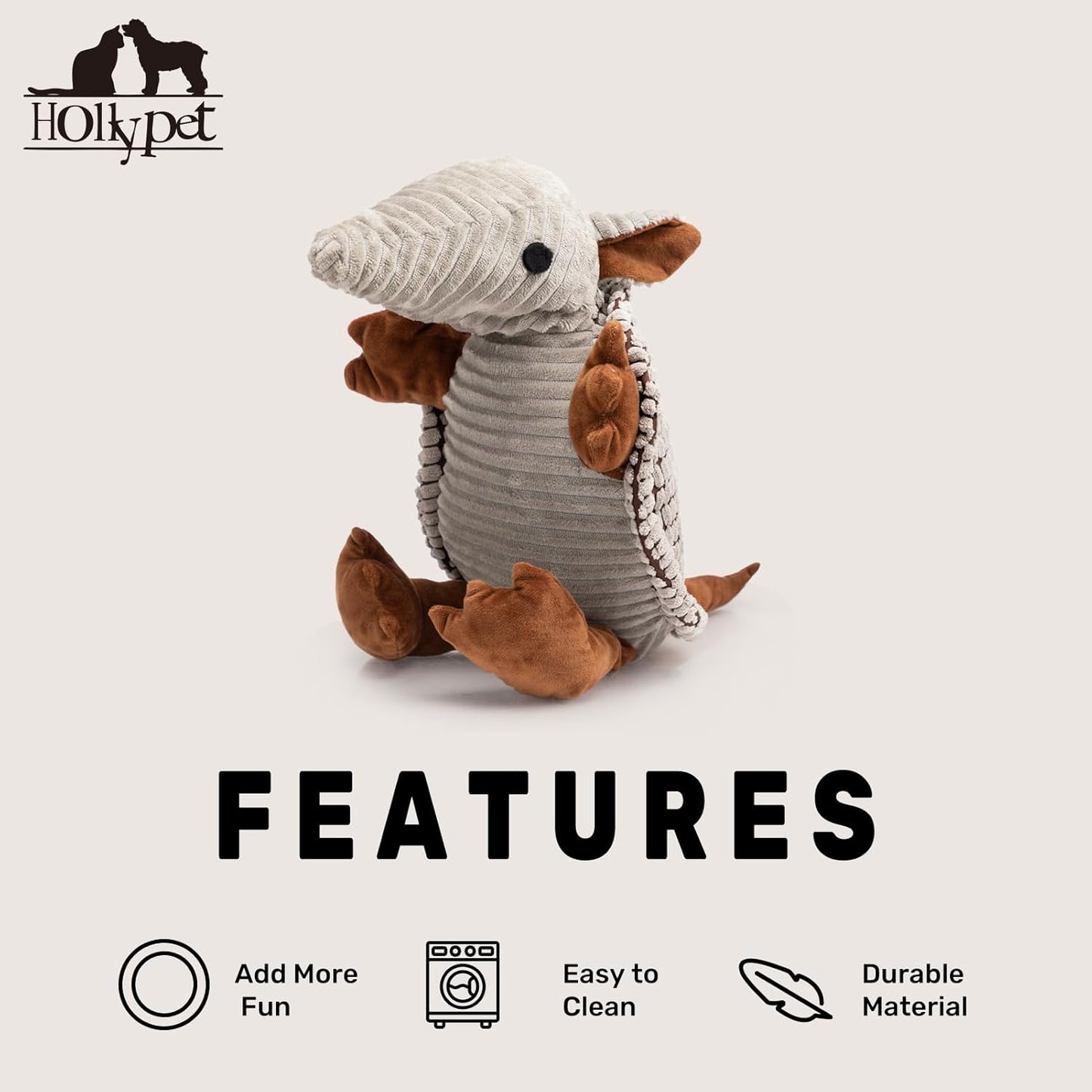 Hollypet Plush Dog Squeaky Toy Stuffed Armadillo Animal Pet Puppy Chew Toys with Clean Teeth for Small Medium Large All Breed Sizes Dogs, Gray, 10 in