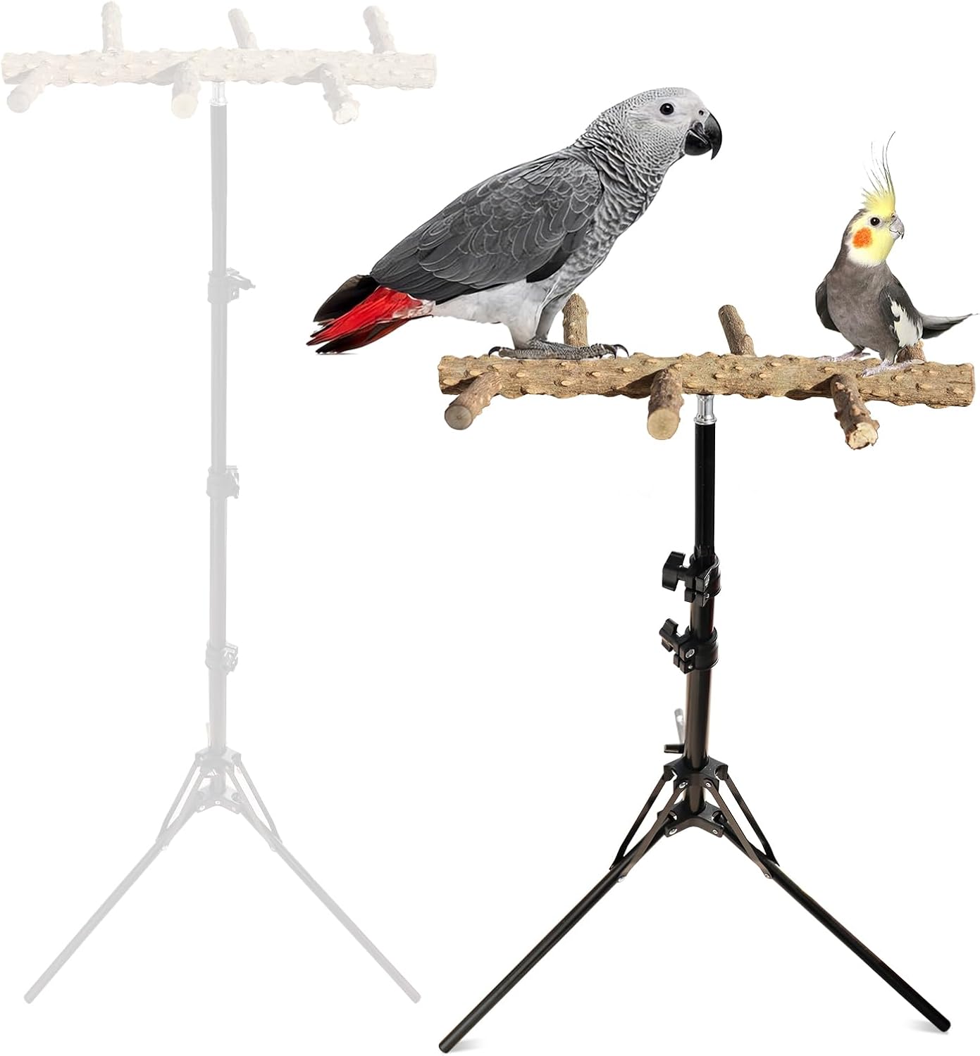 Wooden Bird Perch Stand with a Height Adjustable Tripod, Bird Training Accessories for Indoor or Outdoor, Birds Stand for African Grey, Budgies, Cockatiels, Lovebirds, Conures, Small to Medium Birds