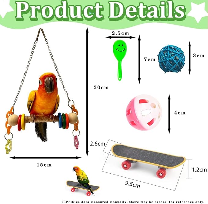 7 Pcs Parrot Bird Swing and perches for cage with Chew Toys Set- Pet Supplies Colorful Wooden Toys with Acrylic Décor Swing Hanging Birdcage Stands Playground for Lovebirds Conures Budgies.