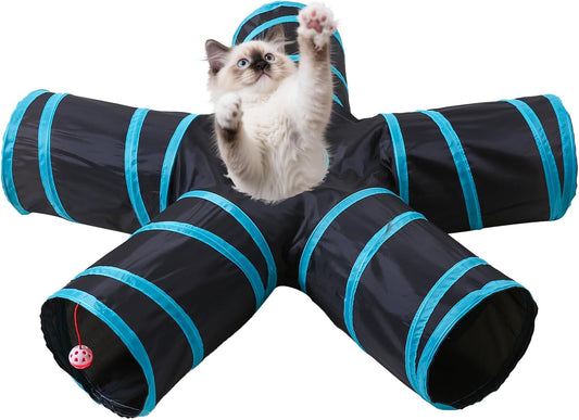 Pet Cat Tunnel, 5 Way Tunnels for Indoor Cats, Collapsible Pet Tunnel for Kitten, Puppy, Rabbit, 25cm-Wide Tunnels, Durable & Breathable, with Peek Hole Toy Ball