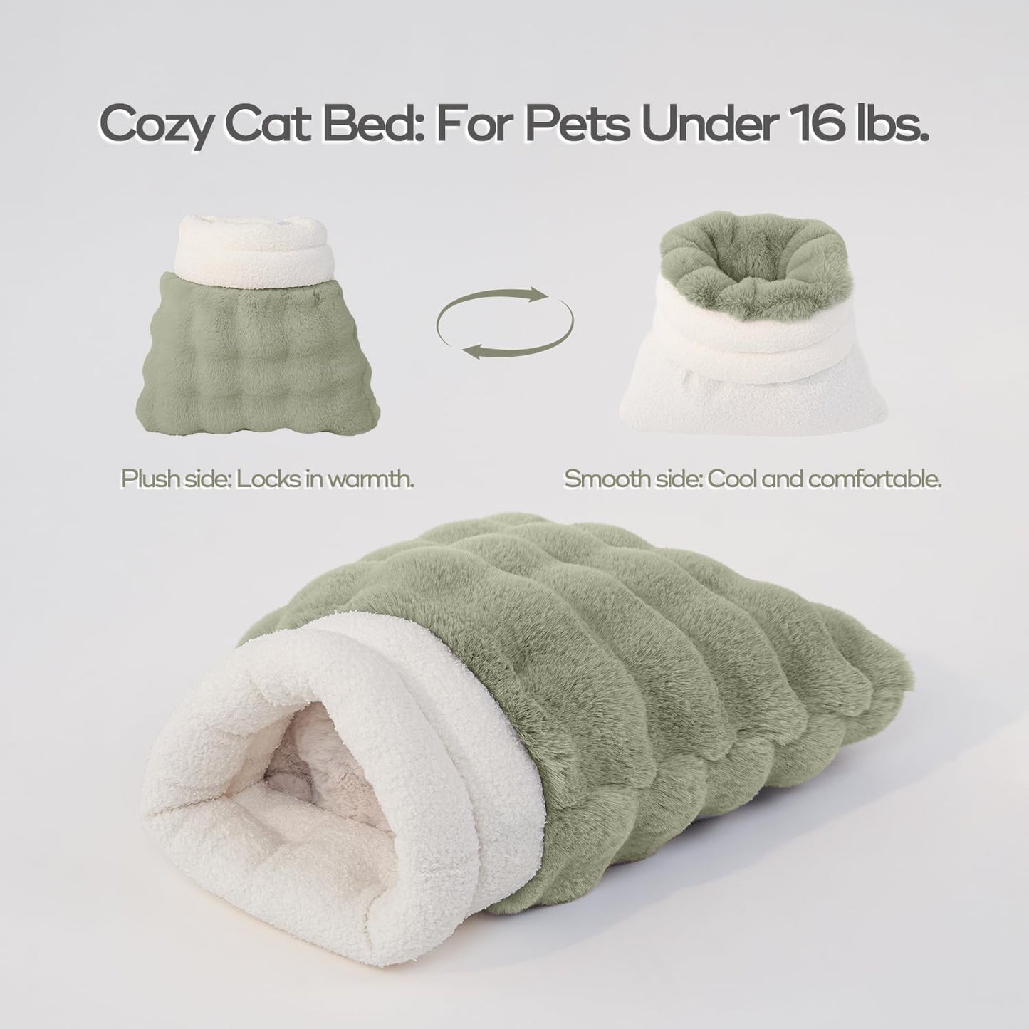 Cat Sleeping Bags for Indoor Cats Self Warming Cat Bed Fits up to 15 lbs Pets Soft Plush Warm Bed 360° Wrap Bag Washable Comfortable Pet Sleeping Bed 21" × 17" Green