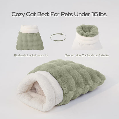 Cat Sleeping Bags for Indoor Cats Self Warming Cat Bed Fits up to 15 lbs Pets Soft Plush Warm Bed 360° Wrap Bag Washable Comfortable Pet Sleeping Bed 21" × 17" Green