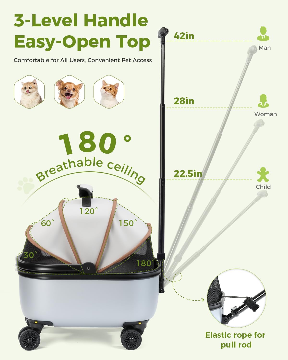 Lekereise Cat Carrier with Wheels (Gray), 180° Wide Open Rolling Cat Carrier for Road Trips, Car Trunk-Fit & Stable Base for Long-Distance Travel, Portable Pet Carrier for Cats Up to 15 lbs