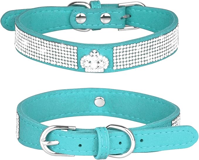 Rhinestone Dog Collar, Cute Dazzling Sparkling Soft Suede Leather Adjustable Pet Dog Cat Collar Crystal Diamond for Puppy Small Medium Large Dogs (L:38-46cm, Light Blue-4)