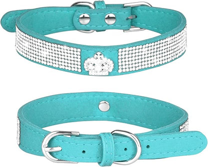 Rhinestone Dog Collar, Cute Dazzling Sparkling Soft Suede Leather Adjustable Pet Dog Cat Collar Crystal Diamond for Puppy Small Medium Large Dogs (L:38-46cm, Light Blue-4)