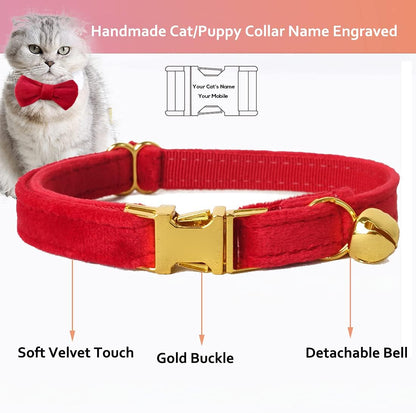 Cat Collar Personalized with Name Engraved and Bell, Customized Velvet Collars for Puppy Kittens (Red, S)