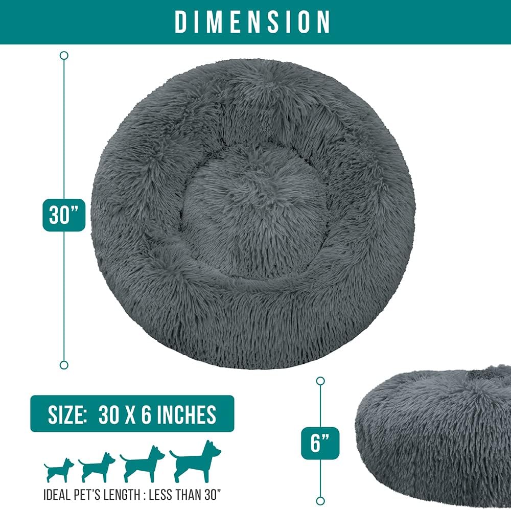 PetAmi Calming Dog Bed for Small Medium Dogs and Cats, Round Donut Washable, Fluffy Faux Fur Plush Cuddler Pet Kitten Cushion, Anti-Slip, Fits up to 45 lbs, 30 inch, Dark Gray