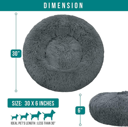 PetAmi Calming Dog Bed for Small Medium Dogs and Cats, Round Donut Washable, Fluffy Faux Fur Plush Cuddler Pet Kitten Cushion, Anti-Slip, Fits up to 45 lbs, 30 inch, Dark Gray