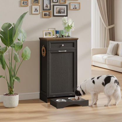 FIMELLO 13 Gallons Dog Feeding Station, Tilt-Out Dog Food Storage Cabinet with Drawer,Pet Feeder Cabinet,Black Oak